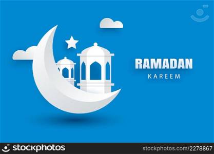 Ramadan Kareem greeting card moon and stars traditional lanterns background. Eid Mubarak paper art banner illustration design. Use for Islamic flyer, poster, brochure, sale.