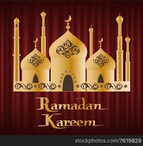 Ramadan Kareem greeting card, Muslims with arabic ornaments lantern and moon on golden elaborate domes, arabic festive, red wallpaper, culture vector. Arabic Festive, Ramadan Kareem, Religion Vector