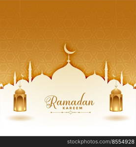 ramadan kareem greeting card with mosque and lanterns