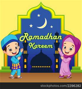 Ramadan kareem greeting card with muslim children cartoon