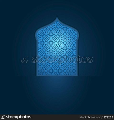 Ramadan kareem greeting template, islamic background. Vector illustration with stars and window