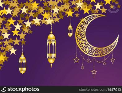 Ramadan kareem greeting template islamic crescent and arabic lantern. Vector illustration moon and stars, background