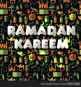 Ramadan Kareem icons set of Arabian.Seamless pattern.. Ramadan Kareem icons set of Arabian with text in paper style.