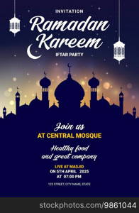 Ramadan Kareem iftar party flyer for Eid Mubarak Muslim holiday, vector greeting card. Mosque silhouette in night with crescent moon, stars and Arabian lantern l&s for Ramadan Kareem Iftar party. Ramadan Kareem iftar party flyer, Muslim holiday