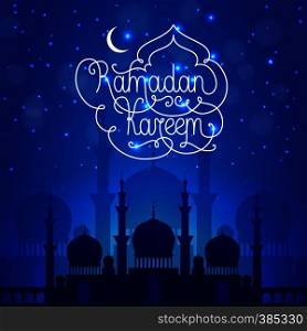Ramadan Kareem illustration, silhouette of mosque in blue colors with white text. Ramadan Kareem dark blue illustration
