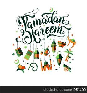 Ramadan Kareem illustration with icons in green colors.. Ramadan Kareem illustration with icons.