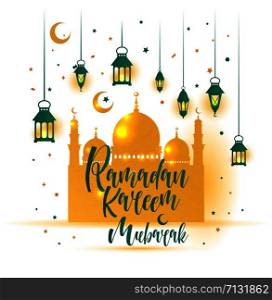 Ramadan Kareem. Islamic background. lamps for Ramadan. Ramadan Kareem islamic illustration with 3d cute lantern and star and moon. Banner with mosque.
