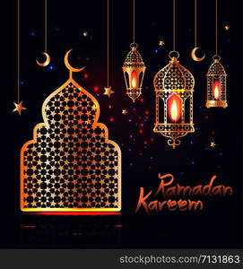 Ramadan Kareem. Islamic background. lamps for Ramadan. Ramadan Kareem islamic illustration with 3d cute lantern and star and moon and mosque.