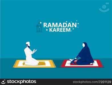 Ramadan Kareem, man prays and reading al quran illustrator
