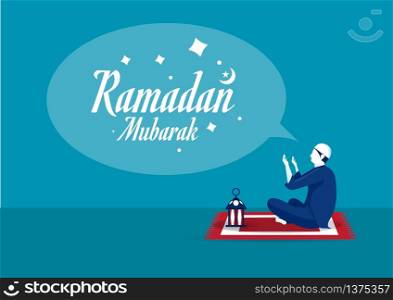 Ramadan Kareem, man prays for god with text ramdan kareem vector illustrator