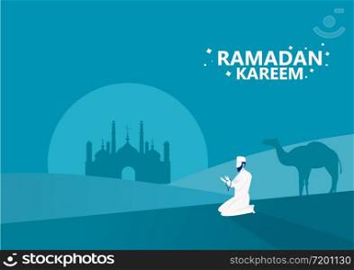 Ramadan Kareem, man prays for gods on sunset background illustrator