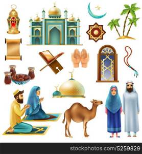 Ramadan Kareem Mubarak Symbols Icons Set. Ramadan muslims holy month religious symbols traditional objects food clothing realistic icons collection isolated vector illustration