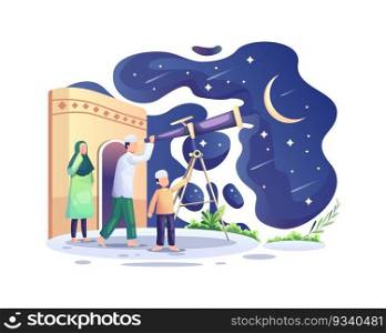 Ramadan Kareem, Muslim people search at the sky with a telescope for the new moon that signals the start of the Holy month of Ramadan vector illustration