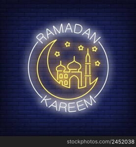 Ramadan Kareem neon text with crescent moon and mosque. Ramadan Kareem design. Night bright neon sign, colorful billboard, light banner. Vector illustration in neon style.