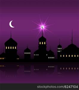Ramadan Kareem Night Background with Silhouette Mosque and Minarets. Illustration Ramadan Kareem Night Background with Silhouette Mosque and Minarets - Vector