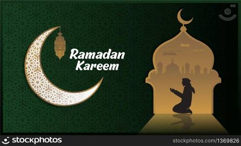 Ramadan Kareem or Eid Mubarak Islamic design background with classic pattern moon and lantern.Eid mubarak greeting card, advertising, invitation ,poster and discount for muslim community.