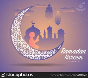 Ramadan Kareem or Eid Mubarak Islamic design background with classic pattern moon and lantern.Eid mubarak greeting card, advertising, invitation ,poster and discount for muslim community.