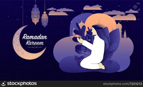 Ramadan Kareem or Eid Mubarak Islamic design background with muslim pray upon the sky flat leaf behind pattern moon, mosque and classic lantern.Greeting card, invitation for muslim community.