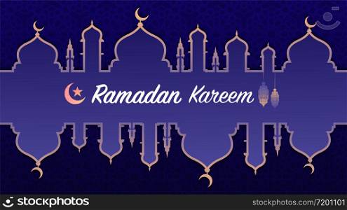 Ramadan Kareem or Eid Mubarak Islamic design background with muslim pray upon the sky pattern moon, mosque and classic lantern.Greeting card, invitation for muslim community.
