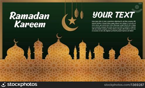 Ramadan Kareem or Eid Mubarak premium black dark green and golden Islamic design background.Design moon mosque and classic lantern.Greeting card, invitation for muslim community.Vector Illustration.