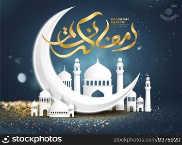 Ramadan kareem poster, golden Arabic calligraphy design with crescent and mosque on glittering bokeh background. Ramadan kareem poster