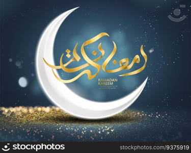 Ramadan kareem poster, golden Arabic calligraphy design with crescent on glittering bokeh background. Ramadan kareem poster