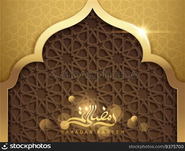 Ramadan kareem poster, golden arabic calligraphy with geometric pattern in the mosque shape. Ramadan kareem poster