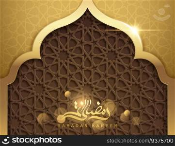 Ramadan kareem poster, golden arabic calligraphy with geometric pattern in the mosque shape. Ramadan kareem poster