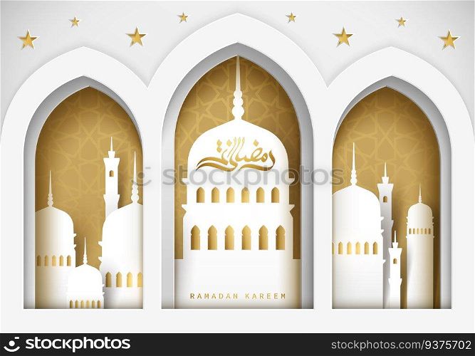 Ramadan kareem poster, mosque scenery outside the arch in paper art style. Ramadan kareem poster