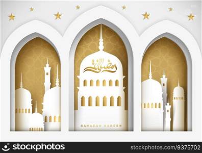 Ramadan kareem poster, mosque scenery outside the arch in paper art style. Ramadan kareem poster