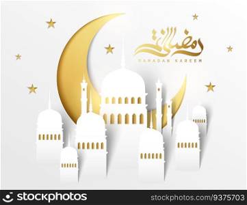Ramadan kareem poster, simplicity white mosque and crescent elements in paper art. Ramadan kareem poster