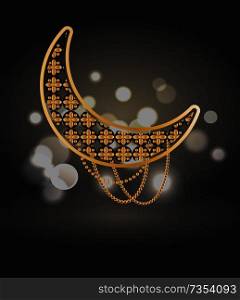 Ramadan Kareem poster with crescent isolated on black background with blurred dots, muslim prayer beads, arabic symbol of Moon vector on dark backdrop. Ramadan Kareem Poster with Crescent Isolated on Black