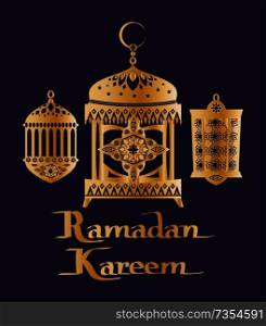 Ramadan Kareem poster with gold lanterns decorated by islamic symbols, topped by crescent moon and star vector illustration with text isolated postcard. Ramadan Kareem Poster Gold Lantern Islamic Symbol