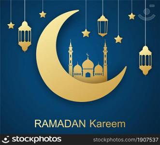 Ramadan Kareem posters or invitations design with 3d paper cut Arabic lamp, stars and moon. Vector illustration. Place for text. Ramadan Kareem design with 3d paper cut