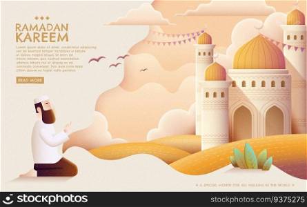 Ramadan Kareem prayer and mosque in hand drawn style. Ramadan Kareem prayer
