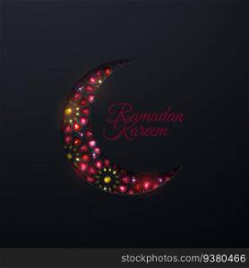 Ramadan Kareem sign and paper cut crescent moon with tradition arabic pattern and gems