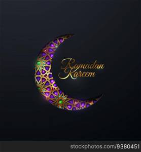Ramadan Kareem sign and paper cut crescent moon with tradition golden arabic pattern and gems