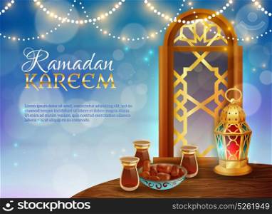 Ramadan Kareem Traditional Festive Food Poster. Ramadan kareem muslim holy month traditional festive food and light guirlande decorative background realistic poster vector illustration