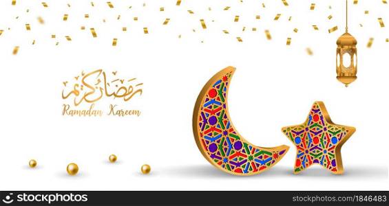 ramadan kareem white background Translation of text : Ramadan Kareem with golden lamp and confetti,illustration EPS10.