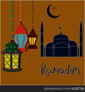Ramadan Kareem with Blue Mosque and colorful lamps. Vector illustration.. Blue mosque, phrase Ramadan Kareem and lamps.