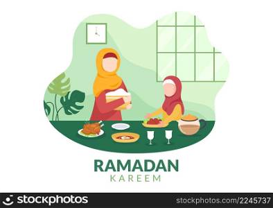 Ramadan Kareem with Breaking the Fast, Iftar or Sahur in Flat Background Vector Illustration for Religious Holiday Islamic Eid Fitr and Adha Festival Banner or Poster
