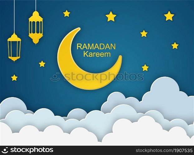 Ramadan Kareem with Gold Moon, 3d Paper cut Clouds and Stars on Night Sky Background. Vector illustration. Traditional Lanterns and Place for your Text.. Ramadan Kareem with Gold Moon