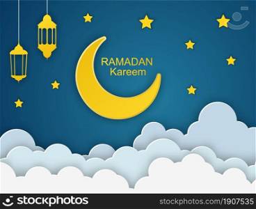 Ramadan Kareem with Gold Moon, 3d Paper cut Clouds and Stars on Night Sky Background. Vector illustration. Traditional Lanterns and Place for your Text.. Ramadan Kareem with Gold Moon