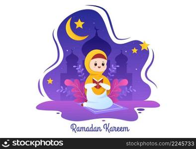 Ramadan Kareem with Praying Person Character in Flat Background Vector Illustration for Religious Holiday Islamic Eid Fitr or Adha Festival Banner or Poster