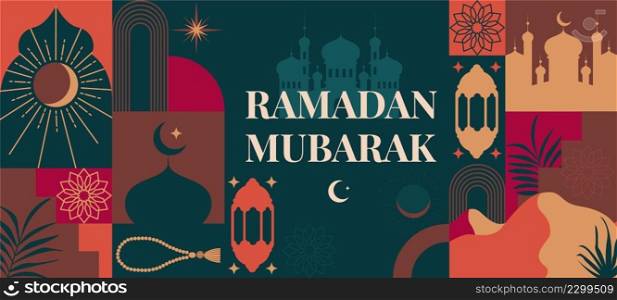 Ramadan mubarak banner, flyer. Greeting card for traditional muslim holiday with symbols l&, mosque, crescent, rosary for happy celebration. Islamic greeting poster. Vector illustration.. Ramadan mubarak Banner.