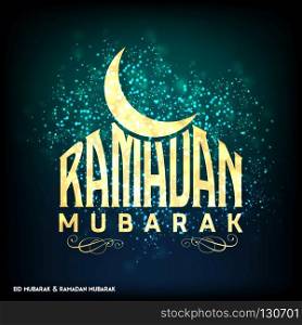 Ramadan Mubarak Creative Typography with Moon on Blue and Green Background