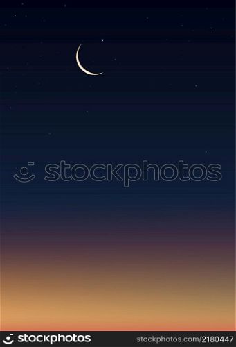 Ramadan Night with Crescent moon on dark blue sky background,Vector Vertical banner Dramtic Suset with Twilight dusk sky,Islamic religion for Ramadan Kareem celebration, Eid al-Adha,Eid Mubarak