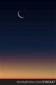 Ramadan Night with Crescent moon on dark blue sky background,Vector Vertical banner Dramtic Suset with Twilight dusk sky,Islamic religion for Ramadan Kareem celebration, Eid al-Adha,Eid Mubarak
