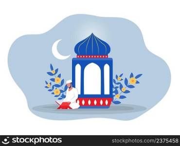 Ramadan night  with Muslim  Female character sitting on her knees, pray ,asking God for help. Faith, religion, trouble conceptvector