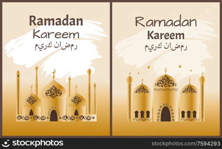 Ramadan posters collection representing mosques decorated with ornaments and gold, kareem month fasting, headline banners set vector illustration. Ramadan Posters Collection Vector Illustration